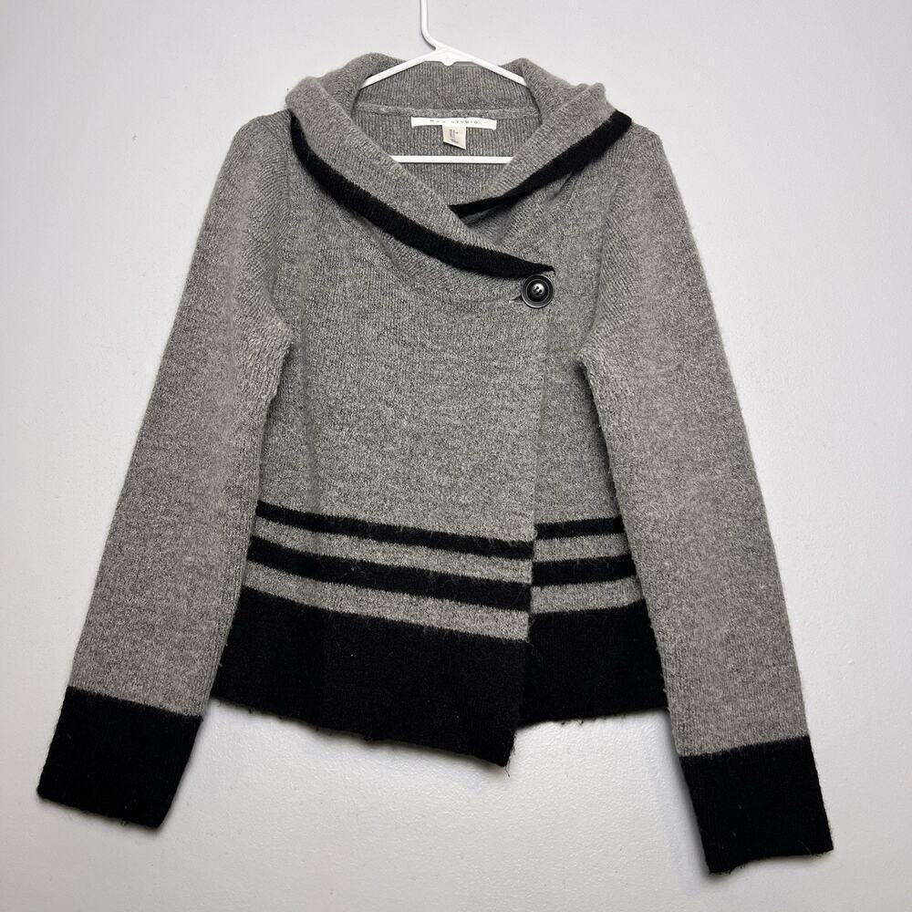 Max Studio Women's Wool Blend One Button Shawl Neck Cardigan Gray Black Sz L